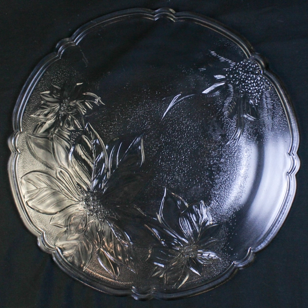 Clear Etched Glass Christmas Serving Platter 13" Poinsettia Pine Cones