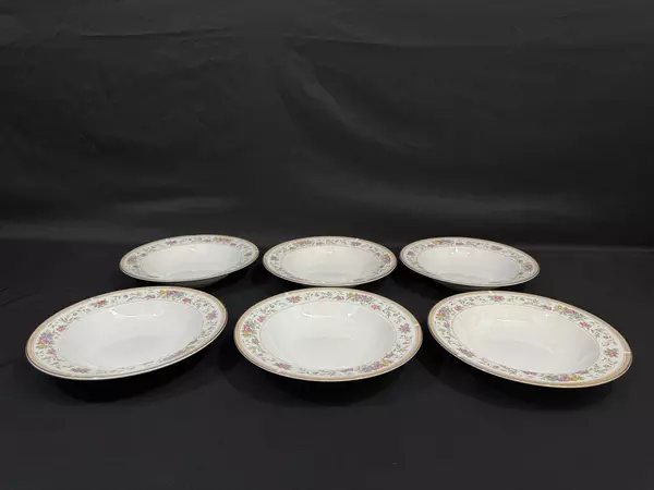 Lot of 6 Farberware Bellini Floral 9" Large Rim Bowls Porcelain Gold Trim