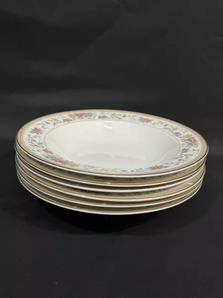 Lot of 6 Farberware Bellini Floral 9" Large Rim Bowls Porcelain Gold Trim