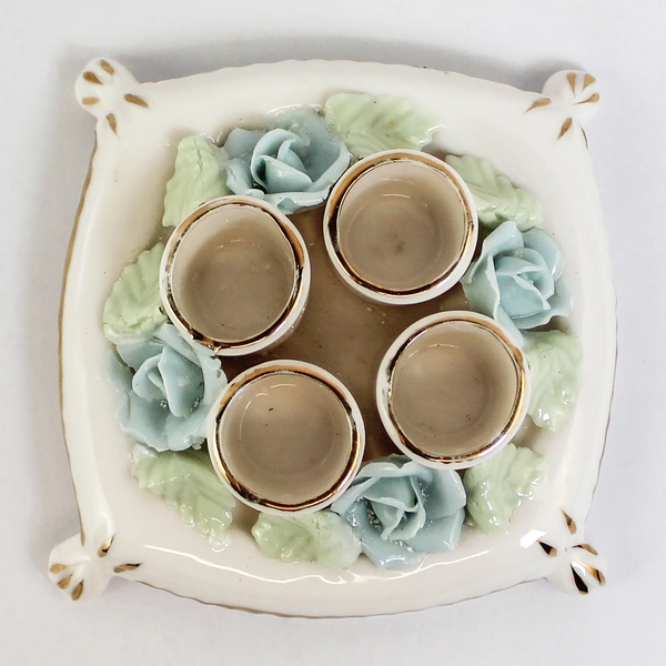 Vintage I.W. Rice & Co Floral Candle Holder Blue Roses 4 Taper Slots Preowned