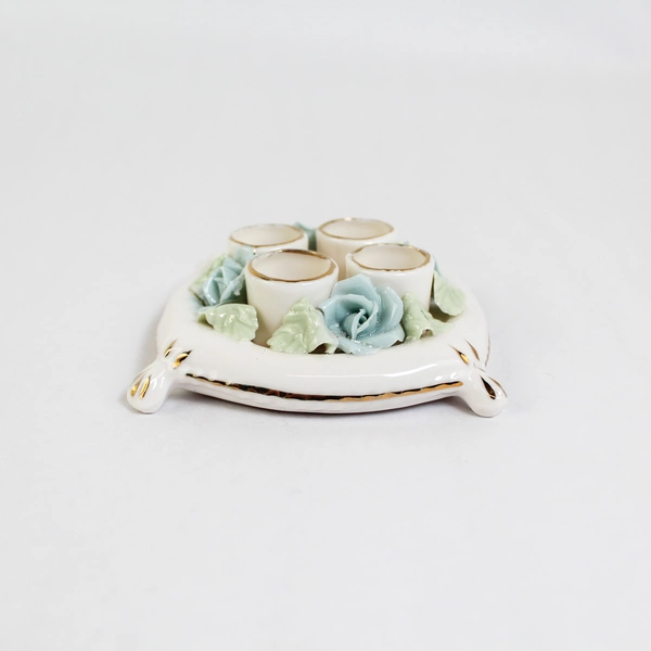 Vintage I.W. Rice & Co Floral Candle Holder Blue Roses 4 Taper Slots Preowned