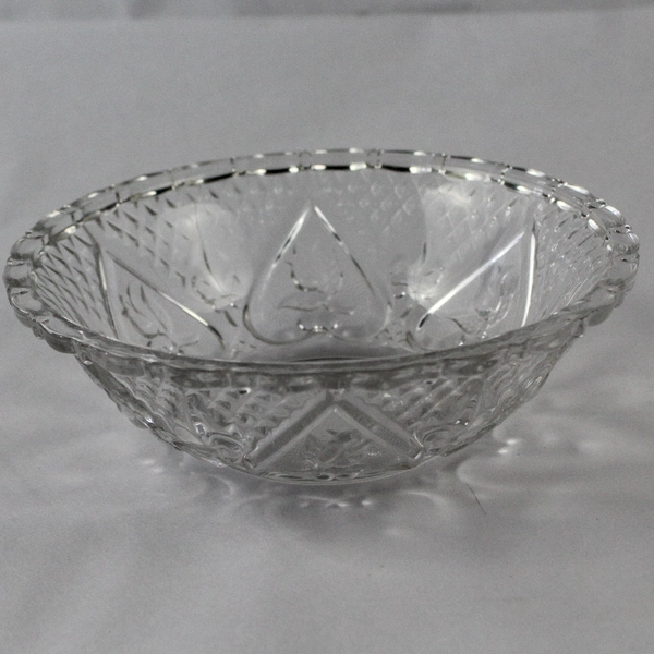 Vintage Clear Cut Glass Salad Bowl 7" Floral Hearts Design Scalloped Rim