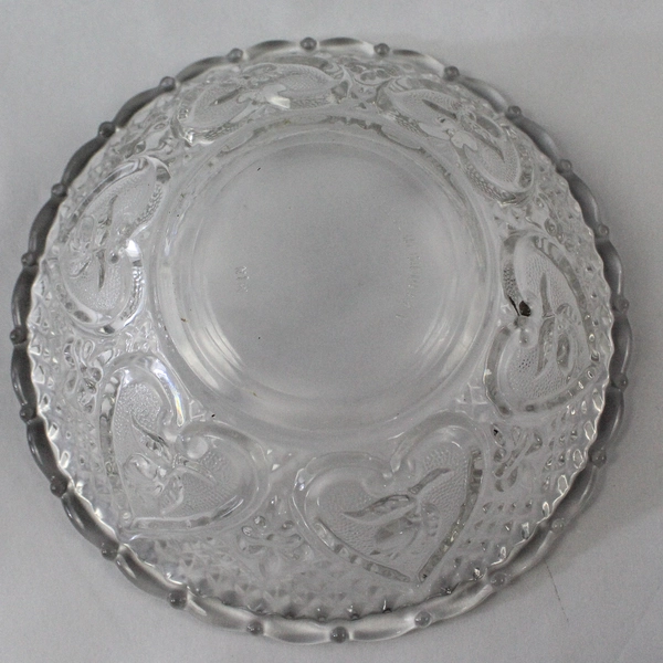 Vintage Clear Cut Glass Salad Bowl 7" Floral Hearts Design Scalloped Rim