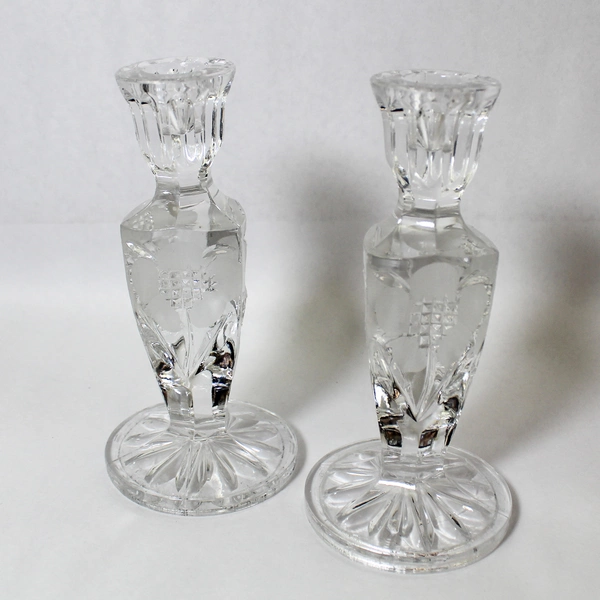 Set of 2 Clear Heavy Glass 7" Taper Candle Sticks Floral Design Home Decor