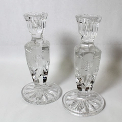 Set of 2 Clear Heavy Glass 7" Taper Candle Sticks Floral Design Home Decor
