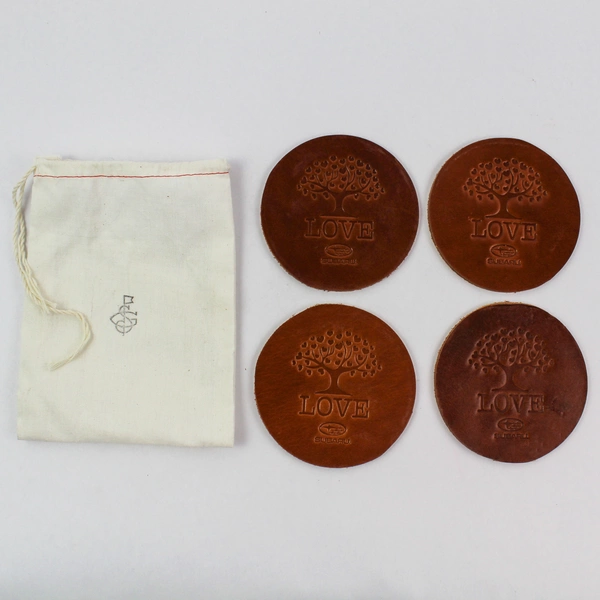 Set of 4 Subaru Round Brown Leather Love Tree Coasters 4" Diameter Pre-Owned