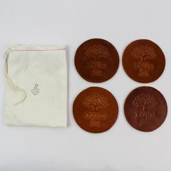 Set of 4 Subaru Round Brown Leather Love Tree Coasters 4" Diameter Pre-Owned