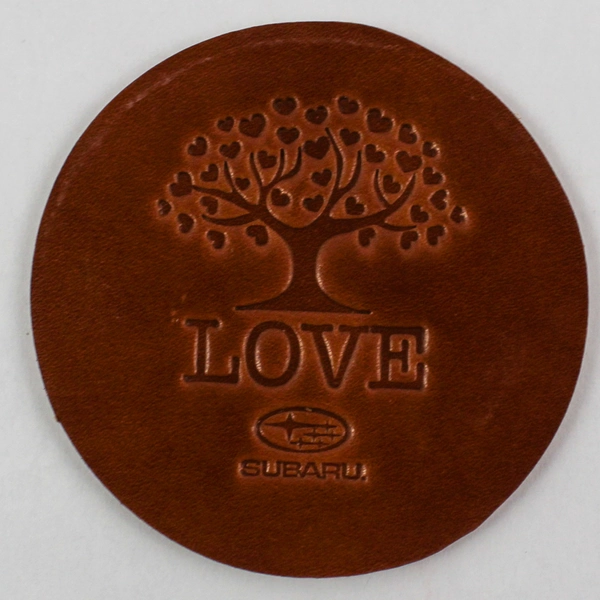 Set of 4 Subaru Round Brown Leather Love Tree Coasters 4" Diameter Pre-Owned