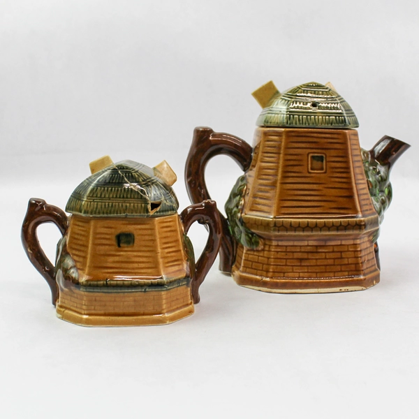 Vintage Japan Windmill Teapot & Sugar Bowl Set Brown Green Decor Pre-Owned