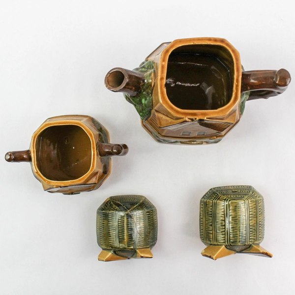 Vintage Japan Windmill Teapot & Sugar Bowl Set Brown Green Decor Pre-Owned