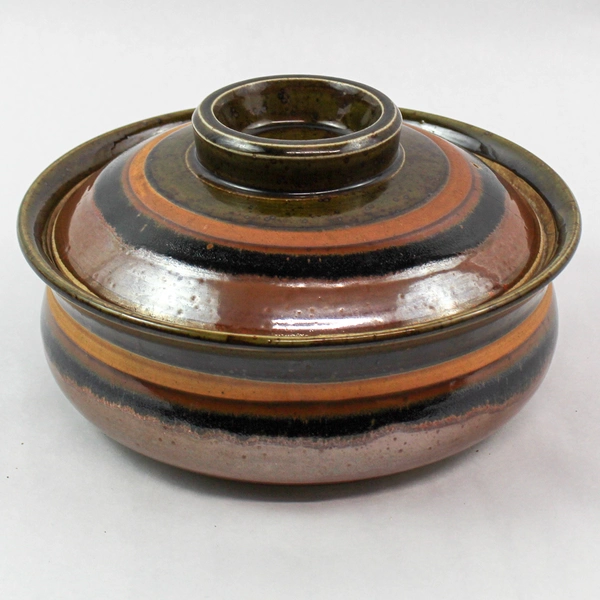 Vintage Mid Century Ceramic Glazed Dish with Lid Brown Black Stripes Cracks