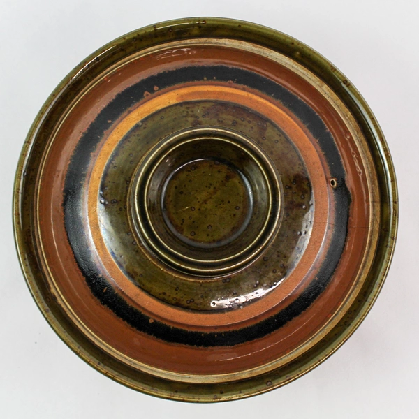 Vintage Mid Century Ceramic Glazed Dish with Lid Brown Black Stripes Cracks