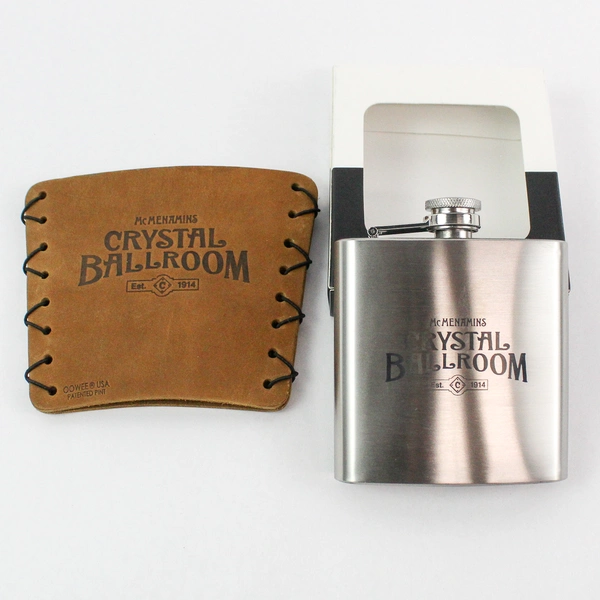 McMenamins Crystal Ballroom 6 oz Stainless Steel Flask with Leather Holder