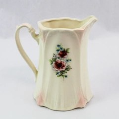 Vintage JBL Porcelain Pitcher 6" Tall Pink Roses Blue Flowers Handle Spout