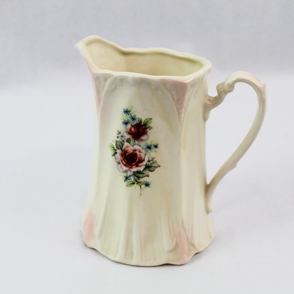 Vintage JBL Porcelain Pitcher 6" Tall Pink Roses Blue Flowers Handle Spout