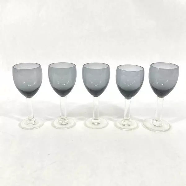 Lot of 5 Smoky Gray Cordial Glasses 4 Inch Tall Vintage Drinkware Set