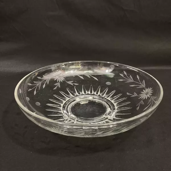 Vintage 12" Footed Glass Bowl Etched Daisy Dot Pattern Sunburst Center