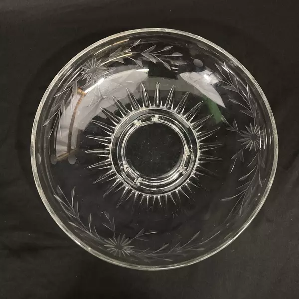 Vintage 12" Footed Glass Bowl Etched Daisy Dot Pattern Sunburst Center