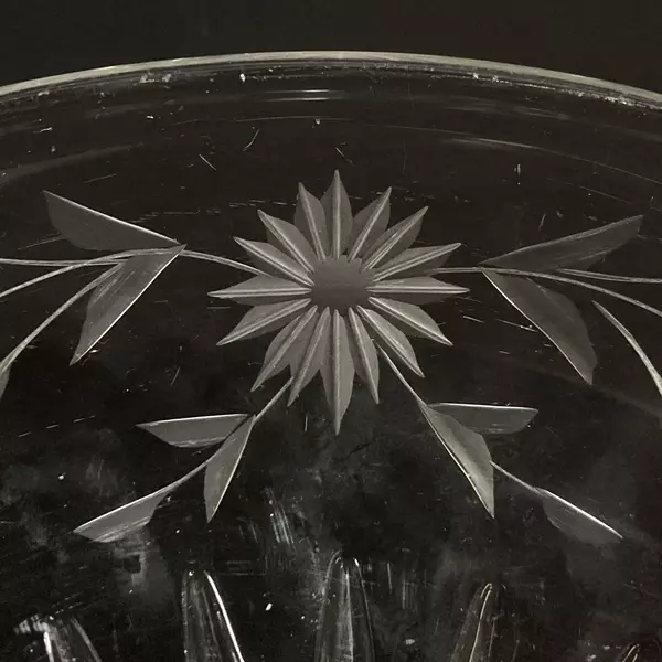 Vintage 12" Footed Glass Bowl Etched Daisy Dot Pattern Sunburst Center