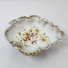 Antique German Porcelain Serving Bowl Floral Gold Gilt White 10" Vintage
