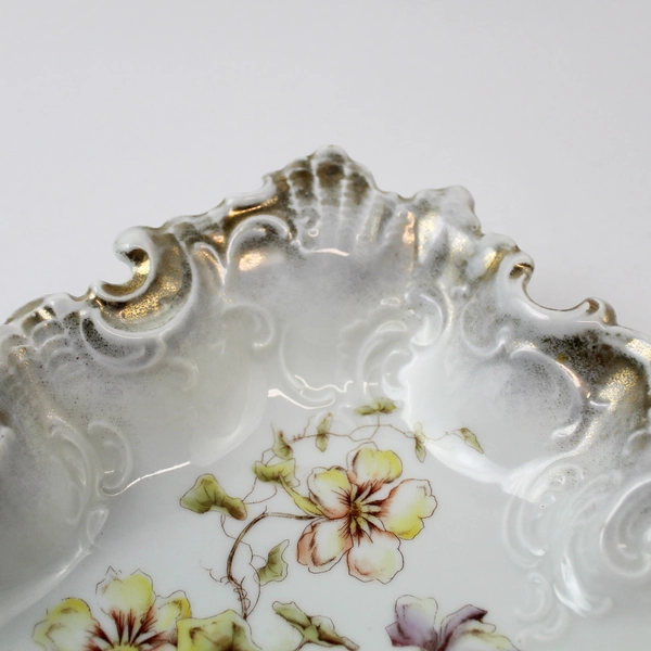 Antique German Porcelain Serving Bowl Floral Gold Gilt White 10" Vintage