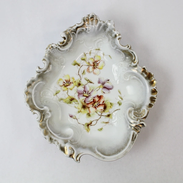 Antique German Porcelain Serving Bowl Floral Gold Gilt White 10" Vintage