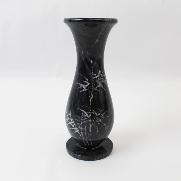 Black Marbled Bud Vase with Etched Bamboo Design 9" Tall Decorative Pottery