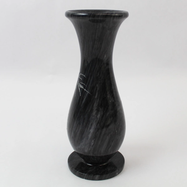 Black Marbled Bud Vase with Etched Bamboo Design 9" Tall Decorative Pottery