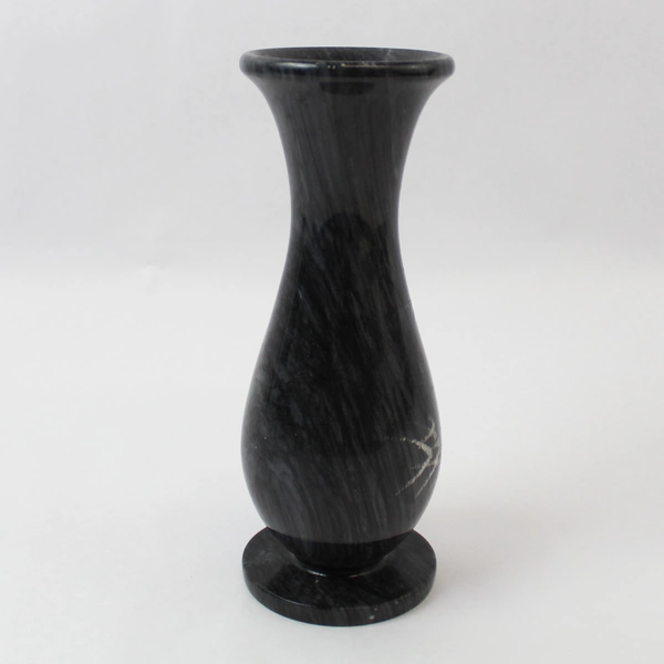Black Marbled Bud Vase with Etched Bamboo Design 9" Tall Decorative Pottery