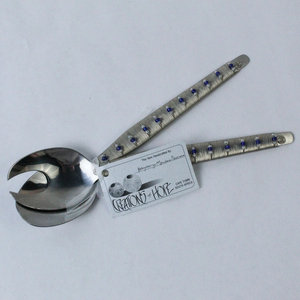 Vtg Creations of Hope Handcrafted African Salad Spoon Fork Set Beaded Handles