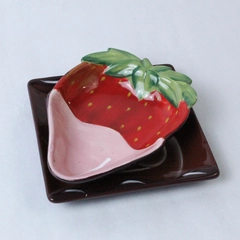 Lot of 2 Hand Painted Strawberry & Brown Square Ceramic Clay Art Dishes
