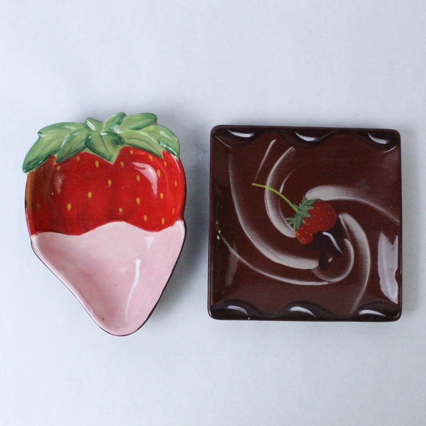 Lot of 2 Hand Painted Strawberry & Brown Square Ceramic Clay Art Dishes