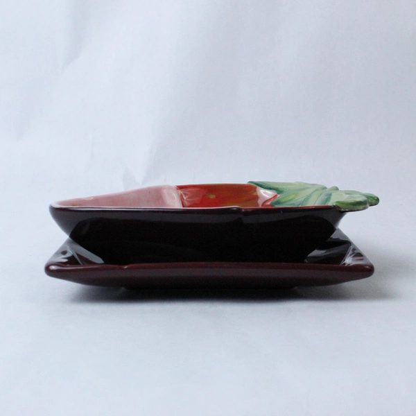 Lot of 2 Hand Painted Strawberry & Brown Square Ceramic Clay Art Dishes