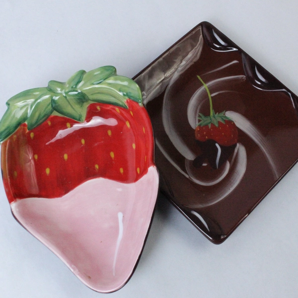 Lot of 2 Hand Painted Strawberry & Brown Square Ceramic Clay Art Dishes