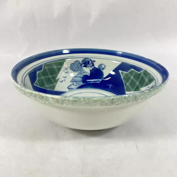 Vintage Oriental Ceramic Bowl 8" Cobalt Blue Green Pagoda Pattern 3" Deep