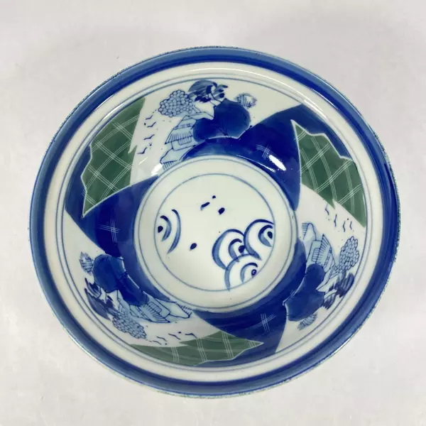 Vintage Oriental Ceramic Bowl 8" Cobalt Blue Green Pagoda Pattern 3" Deep