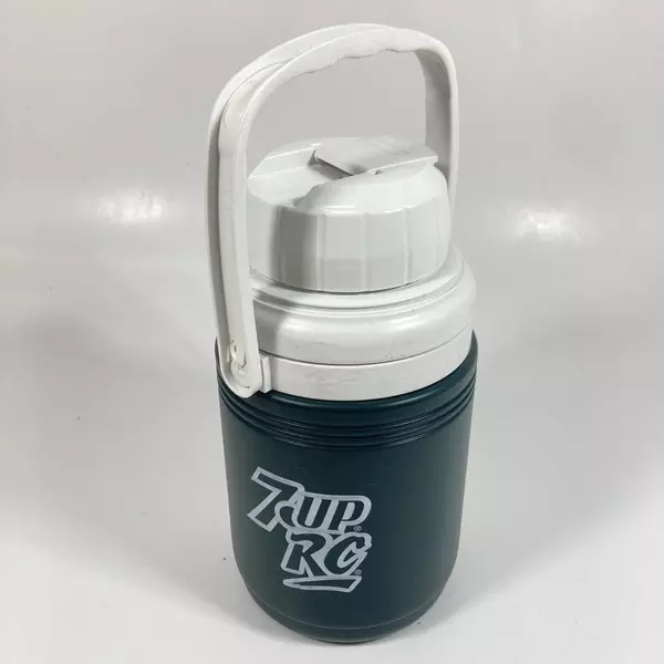 Vintage Coleman 7 Up RC Cola Thermos Model 5542 Dark Green With White Lid