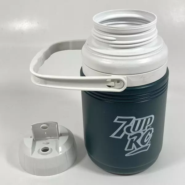 Vintage Coleman 7 Up RC Cola Thermos Model 5542 Dark Green With White Lid
