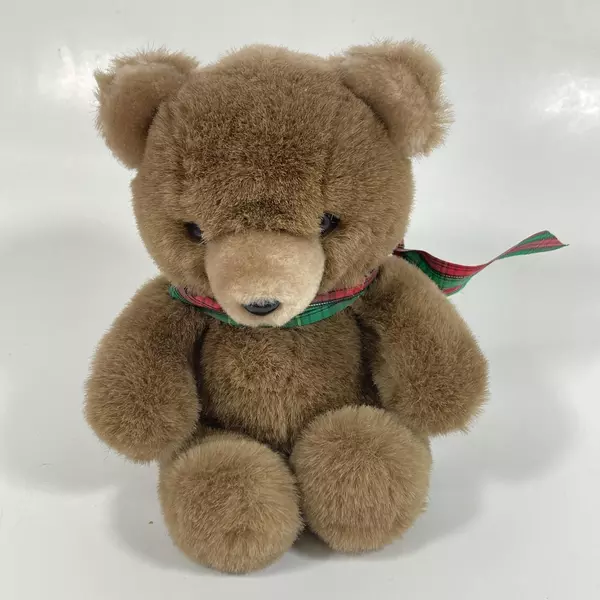 Vintage Kinderfriends Brown Plush Teddy Bear 7.5" with Plaid Ribbon Soft Toy