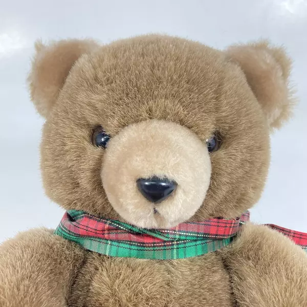 Vintage Kinderfriends Brown Plush Teddy Bear 7.5" with Plaid Ribbon Soft Toy