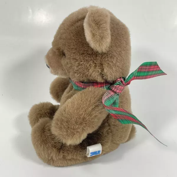Vintage Kinderfriends Brown Plush Teddy Bear 7.5" with Plaid Ribbon Soft Toy