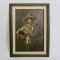 Original Framed Chuck Oberstein Oil Painting Hispanic Man in Sombrero 34"x45.5"