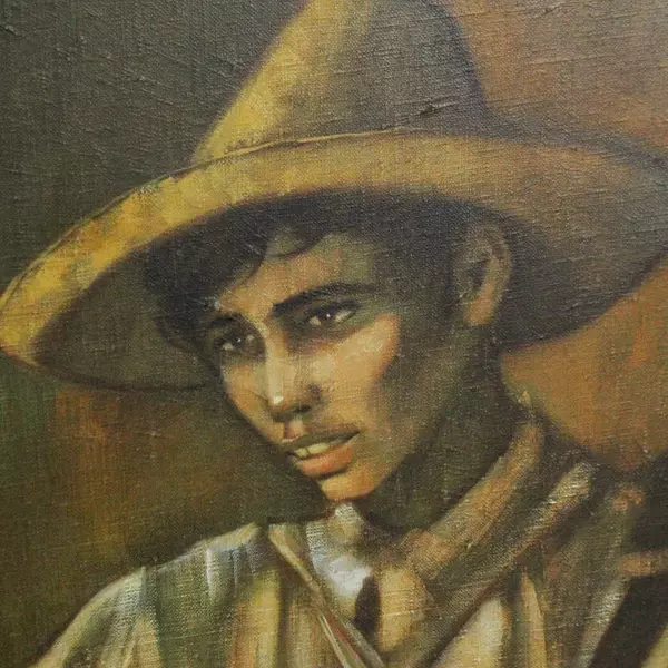 Original Framed Chuck Oberstein Oil Painting Hispanic Man in Sombrero 34"x45.5"