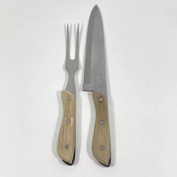 R.S. Stainless 9" Chef's Knife & Meat Fork Wood Handle Full Tang Cutlery Set