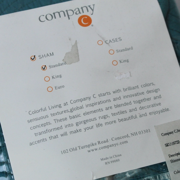 Company C Standard Shimmer Quilted Sham Peacock 28"x20" Pre-Owned Pillow