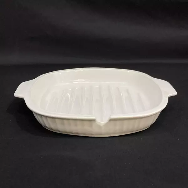 Vintage White Ceramic Grill Dish with Handles & Spoon Rest Indent 11"