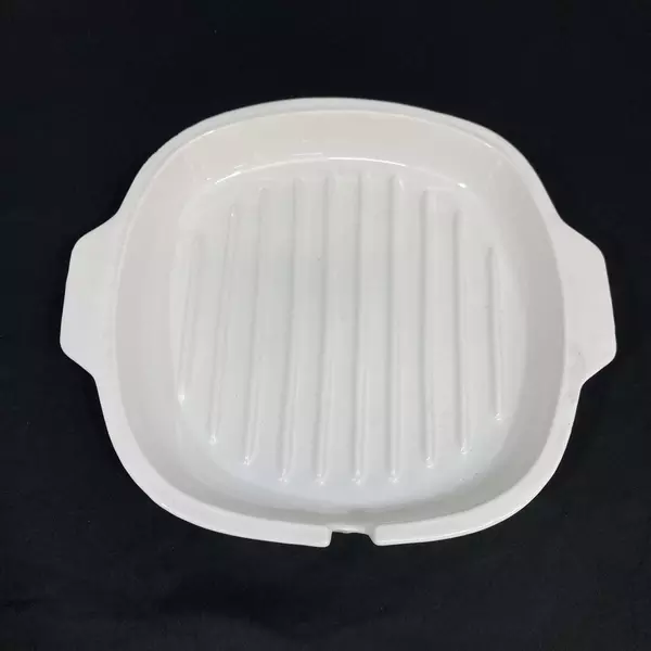 Vintage White Ceramic Grill Dish with Handles & Spoon Rest Indent 11"