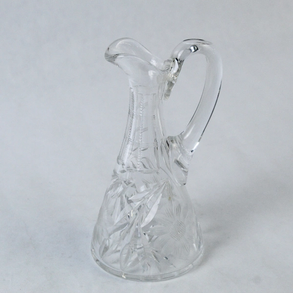 Clear Glass Etched Floral Cruet Decanter With Handle 6" Tall Pre-Owned Crack