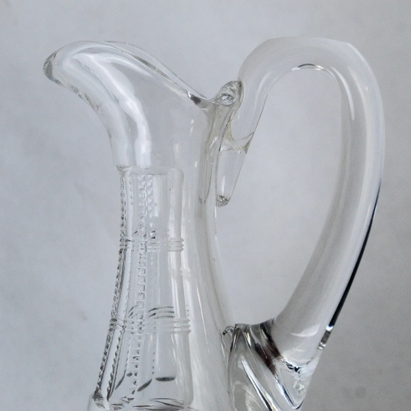 Clear Glass Etched Floral Cruet Decanter With Handle 6" Tall Pre-Owned Crack