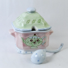 At Home International Trish Richman Pink Green Teapot Serving Bowl Lid Ladle
